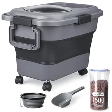 Dog Food Storage Container, 10-20 lbs Airtight Collapsible Cat Food Storage Container with Attachable Wheels, Portable Handle, Dog Food Scoop for Dog Cat Bird Pet Dry Food Storage Bin Dark Grey - Image 1