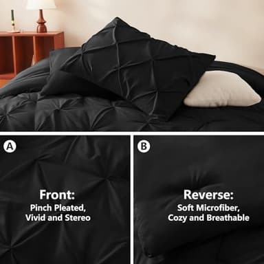 CozyLux Queen Comforter Set Black, 7 Pieces Pintuck Bed in A Bag, Premium Black Comforter Queen Size, Pinch Pleat Bedding Sets with Comforter, Sheets, Pillowcases & Shams - Image 3