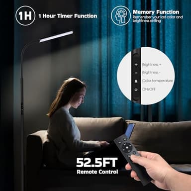 Dimunt LED Floor Lamp, Bright 15W Floor Lamps for Living Room with 1H Timer, Stepless Adjustable 3000K-6000K Colors & Brightness Standing Lamp with Remote & Touch Control Reading Floor Lamps - Image 6