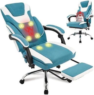 Massage Office Chair with Footrest,6-Point Vibration & Heat Executive Office Chairs,500LBS Big and Tall Fabric Office Chair,Ergonomic Desk Chair for Heavy People,Recliner with Padded Armrest,Bluewhite - Image 3
