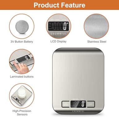 CROWNFUL Food Scale, 11 lb Digital Kitchen Scales with Built-in Coin Battery, Weight Ounces and Grams for Cooking and Baking, 6 Units with Tare Function, LCD Display, 304 Stainless Steel - Image 6