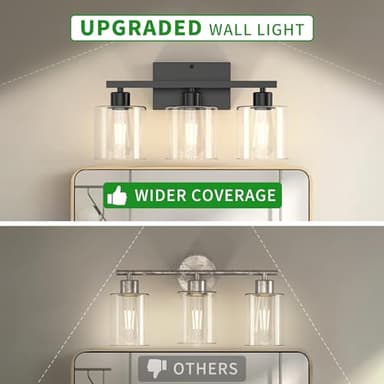Phaosio Bathroom Vanity Light Fixtures 3-Black Wall Sconce, Brushed Nickel Mirror Light with Clear Glass Shade, Easy Install Bedroom Hallway Lighting, E26 Base - Image 2