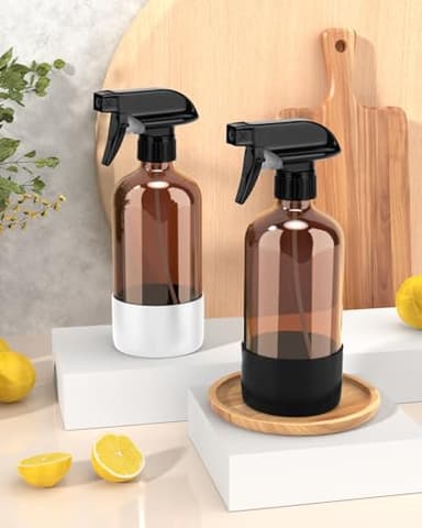 Bontip Glass Spray Bottle with Silicone Sleeve Protection, Amber Glass Spray Bottle Set for Window Cleaner Aromatherapy Facial Hydration Watering Flowers Hair Care 2 Pack/16 oz (Black & White, 16 oz) - Image 2