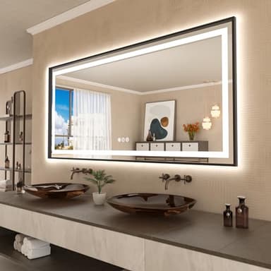 Amorho 84"X40" LED Bathroom Mirror Framed, Front Light and Backlit, Stepless Dimmable, Anti-Fog, Shatter-Proof, Memory, 3 Colors, Double LED Vanity Mirror - Image 1
