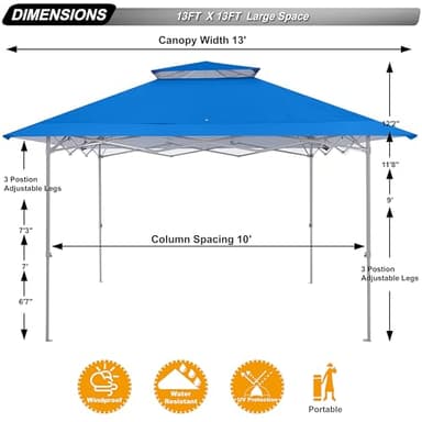 ABCCANOPY 13x13 Pop Up Canopy Base on 10x10 Canopy Frame with Double Ventilated Top, 4 Sandbags, 4 Ropes and 8 Stakes (Blue) - Image 2