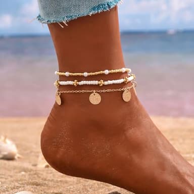Qceasiy Shell Ankle Bracelet Set for Women, Gold Plated Boho Bead Adjustable Anklet, Hawaiian Beach Seashell Pearl Heart Starfish Conch Foot Jewelry Gifts (Disc 3Pcs) - Image 2