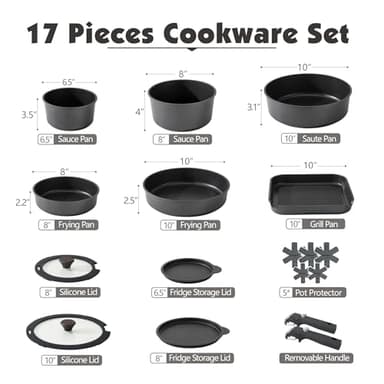 SENSARTE 17 Piece Pots and Pans Set, Nonstick Detachable Handle Cookware Set, Induction Kitchen Cookware Set with Removable Handle, Healthy Non Stick for RV, Dishwasher ＆ Oven Safe, PFOA Free (Black) - Image 2