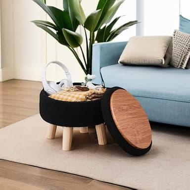 Wimarsbon Storage Ottoman, Modern Round Footrest with Soft Padded Seat, Teddy Velvet Footstool with Wood Legs, Accent Small Table or Plant Stand for Hallway, Living Room (Black) - Image 5