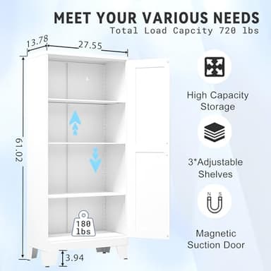 GAIOUS 61.02" Pantry Cabinet, Kitchen Pantry Storage Cabinets with Adjustable Shelves and Feet, White Pantry Storage Cabinet for Kitchen, Dining Room, Living Room and Bathroom (White) Metal - Image 2