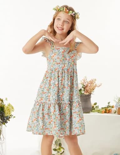 GRACE KARIN Girls Spring Dress Tie Back Flutter Sleeve Dress Green Floral 7Y - Image 8