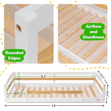 Ocodile Twin Floor Bed with Safety Guardrails for Kids, Montessori Inspired with Rails and 2 Openings, Twin Size Bed Frame for Girls and Boys - White - Image 2