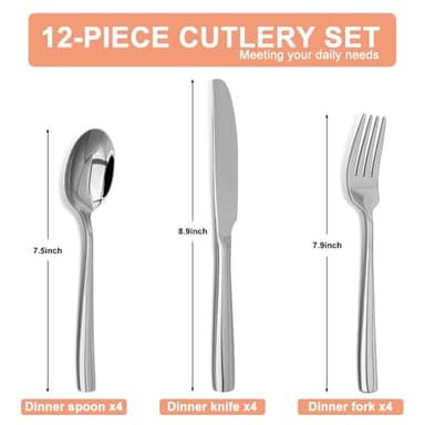 Silverware Set,18/10 Stainless Steel 12Piece Silverware Set with Knives Spoon Forks Set for Home, Kitchen and Restaurant, Mirror Polished& Dishwasher Safe - Image 2