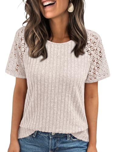 AUTOMET Womens Tops Dressy Casual Short Sleeve Sweater Crewneck Business Shirts Trendy Tunic Summer Clothes 2025 Apricot M - Image 1