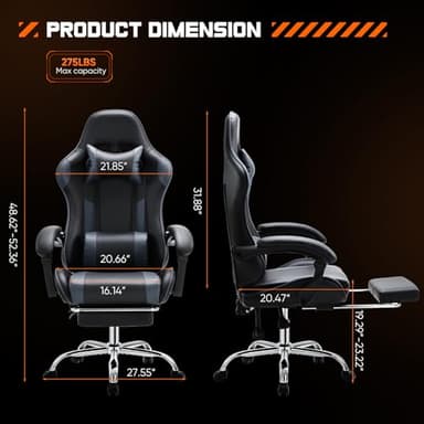 Sweetcrispy Video Game Desk Chair - Ergonomic Computer with Footrest and Comfy Lumbar Support, PU Leather Recliner with Headrest, Fixed Up Armrest, Height Adjustable with 360° Swivel, for Adults, Grey - Image 3
