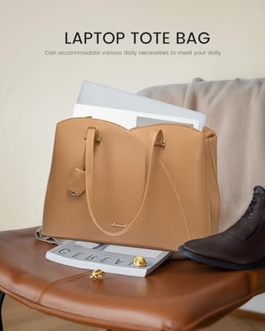 LOVEVOOK Work Laptop Tote Bag for Women, Leather Laptop Bag Teacher Tote Bag, Professional Computer Bag Large Purses Handbag, Beige, Fits 15.6 Inch Laptop - Image 6