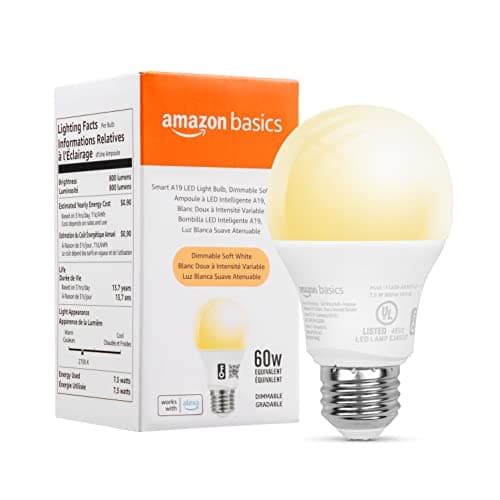 Amazon Basics Smart A19 LED Light Bulb, Dimmable Soft White (2700K), 7.5W (60W Equivalent), 800LM, Works with Alexa Only, 2.4 GHz Wi-Fi, No Hub Required, 1 Pack - Image 1