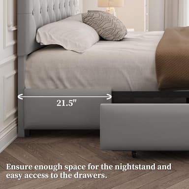 Yaheetech Queen Bed Frame with Adjustable Diamond Button-Tufted Headboard/3 Drawers Storage, Queen Platform Bed/Strong Wooden Slats, Light Gray - Image 6
