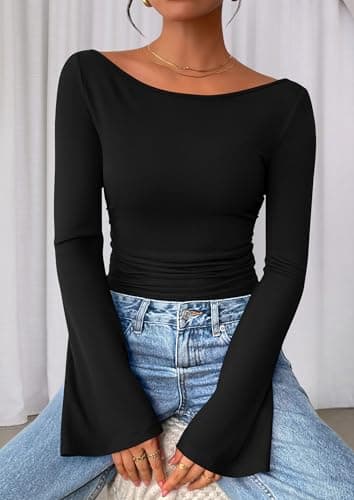 PRETTYGARDEN Women's Long Sleeve Shirts 2025 Fall Crop Going Out Tops Casual Boat Neck Bell Sleeve Ribbed Ruched Y2K Clothes (Black,Small) - Image 5