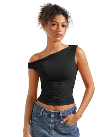 SUUKSESS Women Off Shoulder Tops Sleeveless Shirts Y2K Trendy Going Out Crop Tank Top (Black,XS) - Image 1