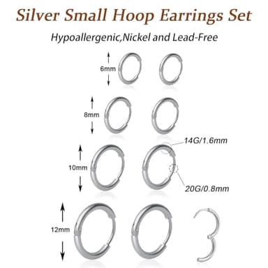 4 Pairs Small Hoop Earrings Set for Women, 316L Surgical Stainless Steel Huggie Hoop Earrings Hypoallergenic Cartilage Hoop Earrings for Helix Tragus Conch Piercing Jewelry for Women Men(Silver-1.6mm) - Image 2