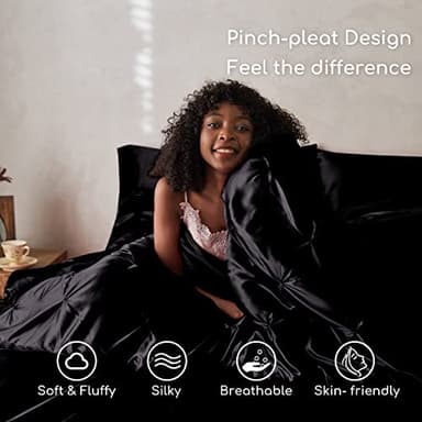 MR&HM Satin Comforter Queen 7 Pieces - Luxurious Pinch Pleat Bedding Set with Comforter, Flat Sheet, Fitted Sheet, Pillowcases & Shams, Super Silky Soft Bed Set for All Season (Queen, Black) - Image 3