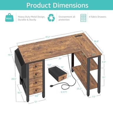 Lufeiya L Shaped Desk with Drawers & Storage Shelves, 47 Inch Small Reversible Corner Desk with Power Outlet for Home Office Bedroom, L-Shaped Gaming PC Computer Desks with Fabric Drawer, Rustic Brown - Image 3