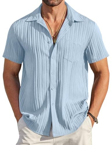 COOFANDY Men's Casual Button Down Shirts Short Sleeve Textured Linen Summer Beach Shirt with Pocket Light Blue - Image 1