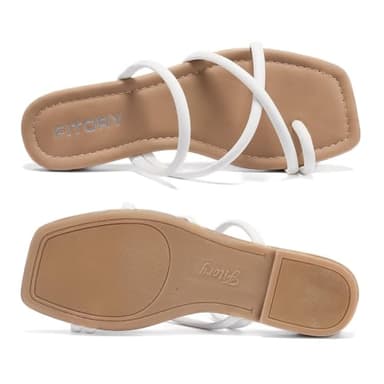 FITORY Women's Slide Sandals Flat Toe Ring Thongs with Cross Strap for Summer Size 9 White - Image 3