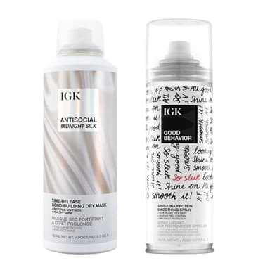 IGK Hair Treatment Full Size Set | Antisocial Dry Hair Mask + Good Behavior Spirulina Spray | Overnight Bond-Building + Keratin Like Smoothing Spray | Set of 2 - New and Improved Scent - Image 1
