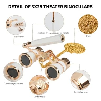 BOSTRON 3X25 Opera Glasses Binoculars Compact with Adjustable Handle & Chain, Portable Vintage Theater Glasses Mini Binoculars for Adults Women Kids for Music Concerts Opera Houses Cinema（White） - Image 8