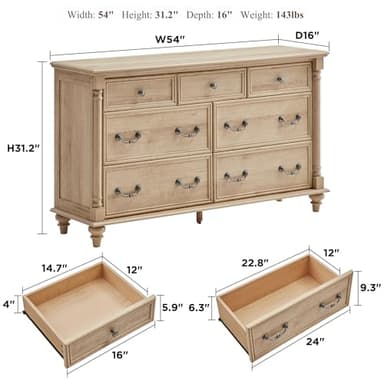 T4TREAM Farmhouse 7 Drawers Dresser Chests for Bedroom with 4 Solid Wood Feet, Tall Wide Wood Country Rustic Chest of Drawers, Storage Dressers for Bedroom, Living Room,Natural Oak - Image 2