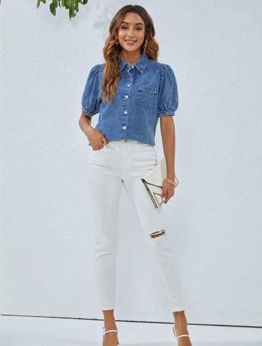 BMJL Womens Denim Shirt Business Casual Button Down Work Blouses Puff Sleeve Summer Tops Blue - Image 4
