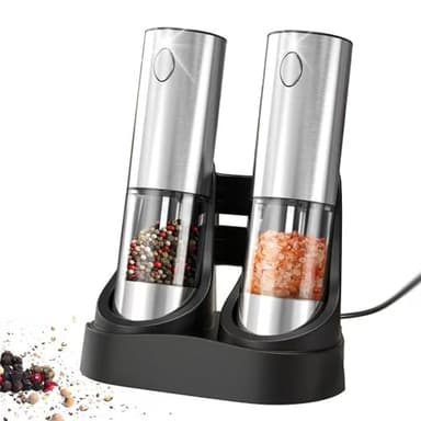 DSY Electric Sea salt and Pepper Grinder Set USB Rechargeable Base,Grinding roughness can be adjusted, Set contains two grinding bottles,Rechargeable,removable base,LED Light - Image 1