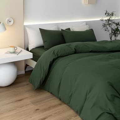 JIYUAN 100% Washed Cotton Duvet Cover Set 3 Pieces Oversized Queen, 1 Duvet Cover 98x98 Inches(Comforter Not Included) and 2 Pillowcases,Linen Feel Bedding Set Comfy and Breathable,Forest Green - Image 4