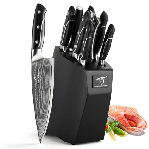 Damascus Kitchen Knife Sets, 9 Pieces Kitchen Knives Set with Block, ABS Ergonomic Handle for Chef Knife Set, Knife Sharpener and Kitchen Shears, Knife Block Set NF-D0603T-B - Image 1
