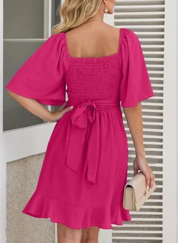 Dokotoo Womens Summer Wrap V Neck Short Flared Sleeve Smocked Elastic Waist Tiered Belted Ruffle Hem Mini Dress Graduation Dress Rose Red M - Image 2