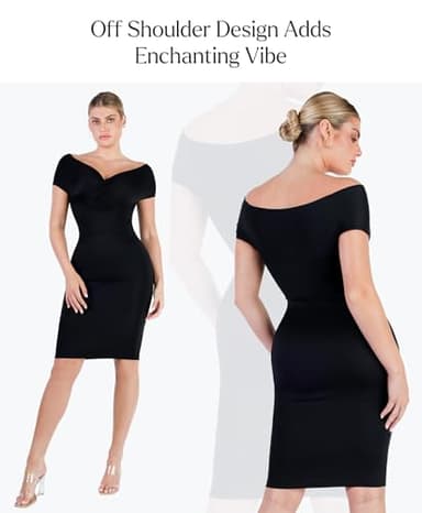 Popilush Off Shoulder Shapewear Dress Formal Cocktail Party Bodycon Midi Dresses for Women Wedding Guest Fall Evening Gown Black - Image 5