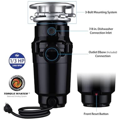 Waste Maid 10-US-WM-048-3B Garbage Disposal Anti-Jam Stainless Steel Food Waste Grinding System, 1/3 HP Compact, Black - Image 2