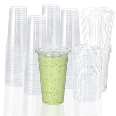 TashiBox 100 sets 24 oz plastic cups with flat lids and straws, smoothie cups with lids and straws, meal prep plastic large cup, clear crystal disposable iced coffee cup with lids - Image 1