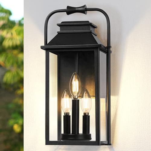 [Upgraded]PARTPHONER Outdoor & Indoor Light Fixture, 3-Lights Front Porch Light Fixtures with E12 Sockets & Glass Shade Anti-Rust Waterproof Black Wall Mount Lantern Sconce for House Gate Garage Patio - Image 1