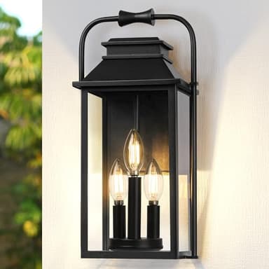 [Upgraded]PARTPHONER Outdoor & Indoor Light Fixture, 3-Lights Front Porch Light Fixtures with E12 Sockets & Glass Shade Anti-Rust Waterproof Black Wall Mount Lantern Sconce for House Gate Garage Patio - Image 1