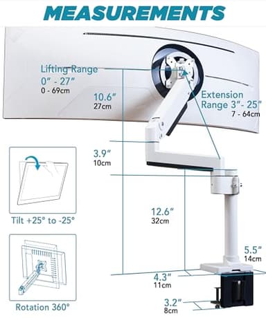 ULTRARM Heavy Duty Monitor Arm for Ultrawide Monitors up to 57" and 44 lbs, Single Desk Stand, Pneumatic Height Adjustable, Modular Extension Arms - Max VESA 100x100, White, MA20PW-S - Image 7
