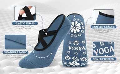 Qincycle Yoga Socks, Pilates Grip Socks for Women, 4 Pairs Blue Non-Slip Grips Straps Athletic Socks for US 7-10 Pilates Dance - Image 3