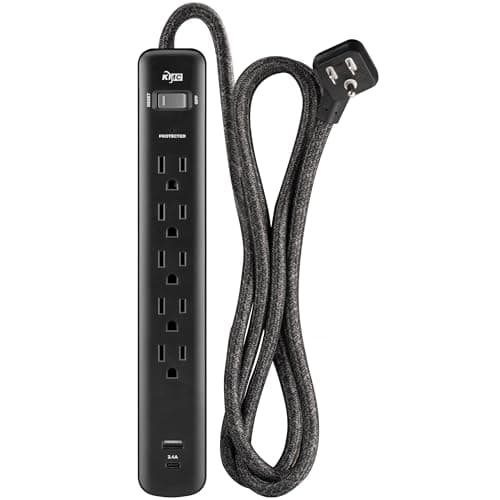 KMC 5-Outlet Surge Protector Power Strip, 1 USB-A & 1 USB-C Port, 840J Surge Protectors, 6ft Braided Extension Cord, Flat Plug, Black Power Strip Surge Protector, ETL/UL Certified Power Strips, Black - Image 1
