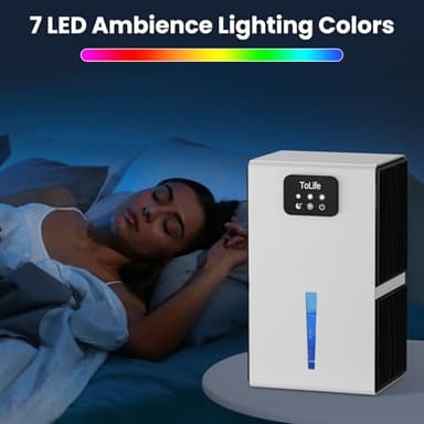 ToLife Dehumidifiers for Home 95 OZ Water Tank with Auto-Off 1000 sq.ft Sleep Mode Portable Dehumidifier for Basement Bathroom Home RV Closet Room 7 Colors LED Light, White - Image 5