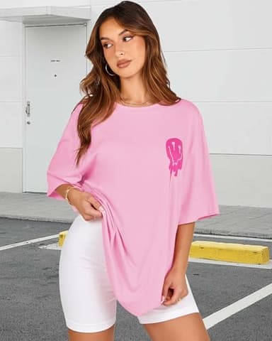 Womens Oversized Tshirt Graphic Tees Crew Neck Summer Short Sleeve Loose Fit Tops (A-Letter Print Pink, L) - Image 4