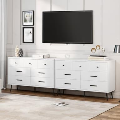 DWVO White 7 Drawer Dresser, 47" W Large Double Dresser Chest of Drawers, Modern Wood Storage Organizer with Black Metal Handles & Anti-Tipping Device for Hallway, Entryway - Image 6