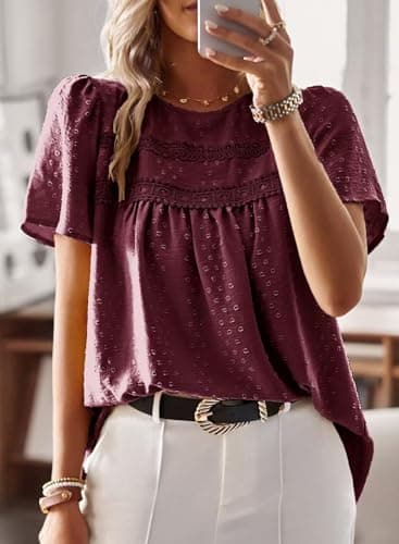 Falechay Mulberry Tops Chiffon Flowy Swiss Dots Blouses for Women Cute Boho Pullover Round Neck Short Sleeve Loose 2025 XL - Image 4