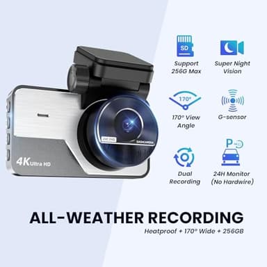 Dash Cam Front Rear, 4K/2.5K Full HD Dash Camera for Cars, Included 64GB Card, Built-in Wi-Fi Camera, Night Vision, 3” IPS Screen, 170°Wide Angle, WDR, 24H Parking - Image 3