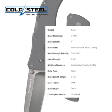 Cold Steel Recon 1 Series Tactical Folding Knife with Tri-Ad Lock and Pocket Clip - Made with Premium CPM-S35VN Steel, Tanto Plain Edge - Image 5